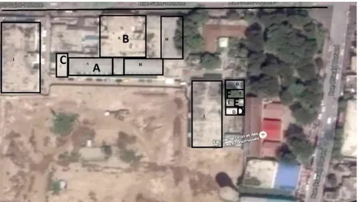 Figure  1  Vue  satellite  de  l’HUEH   (A,  C,  D,  E,  F:  Service  de  Chirurgie ;   B:  Salle  d’opération ;   I:  Administration,   G:  Hospitalisation  de  l’ORL,   H:  Orthopédie,  J:  Urologie  et Dermatologie