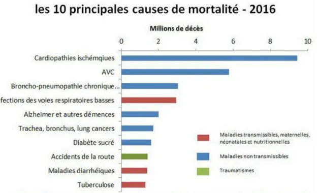 Figure 1 : diagramme des 10 principales causes de mortalité mondiale selon l’OMS (5) 