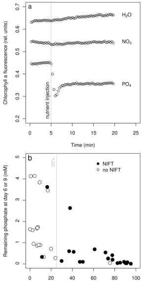 Figure 4: Phosphate and nitrate uptake at day 6 in relation with initial content Phosphate and nitrate concentrations in culture media were measured in fresh  me-dia (initial content) and at day 6