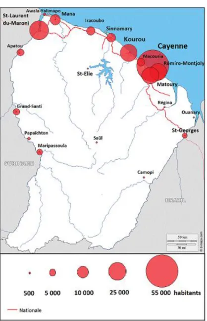 Figure 1 : Carte de la répartition de la population et des communes en 2012 en Guyane