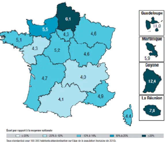 Figure 5  :  Taux régionaux de mortalité par AVC, tous types, moins de 65 ans en France en 2011-2013 selon  Lecoffre et al, Bull Epidémiol Hebd. 2017