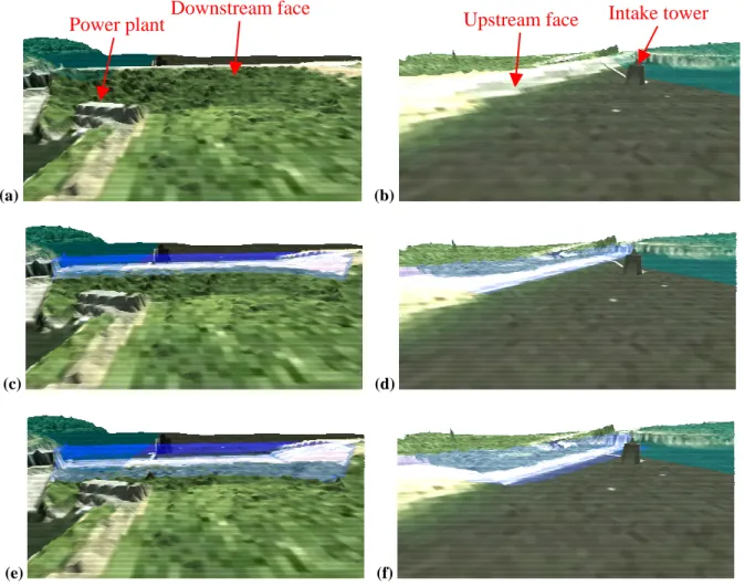 Figure 5: 3D views of Eau d’Heure dam in the DEM (for 2D flow simulation) during the breaching