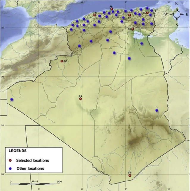 Fig. 2. Algerian map showing the eight selected locations.