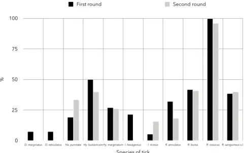 Fig. 2. The misidentiﬁcation rates (MR) of species of ticks (in%) in both the ﬁrst and second round.
