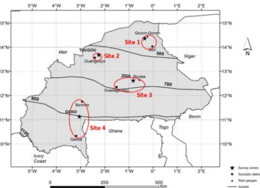 Fig. 1 Survey distribution and the location of meteorological stations in the study area with isohyets from 1971 to 2010