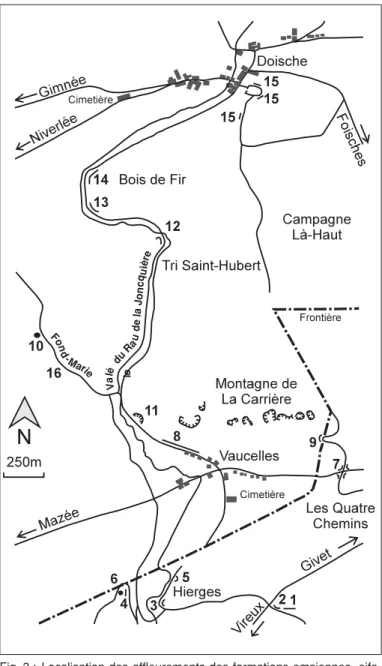 Fig. 3 : Localisation des affleurements des formations emsiennes, eife- eife-liennes, givetiennes et frasniennes des régions de Hierges, Vaucelles et Doische (bord sud du Synclinorium de Dinant).