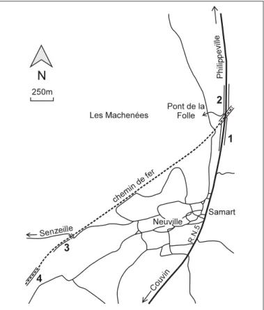 Fig. 5 : Localisation (feuille Senzeille, 57/4) des coupes présentant cer- cer-taines formations givetiennes (Mont d’Haurs pro parte et  Fro-melennes) ainsi que l’ensemble des stratotypes des formations frasniennes du Massif de Philippeville.