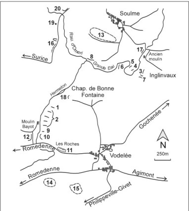 Fig. 6 : Localisation des affleurements illustrant les formations give- give-tiennes et frasniennes de la vallée de l’Hermeton (partie  orien-tale du Massif de Philippeville).