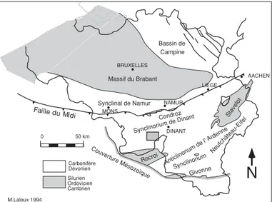 Fig. 1 : Unités géologiques structurales majeures de la Belgique. Le rectangle ombré correspond à la carte Sautour-Surice (58/1-2).