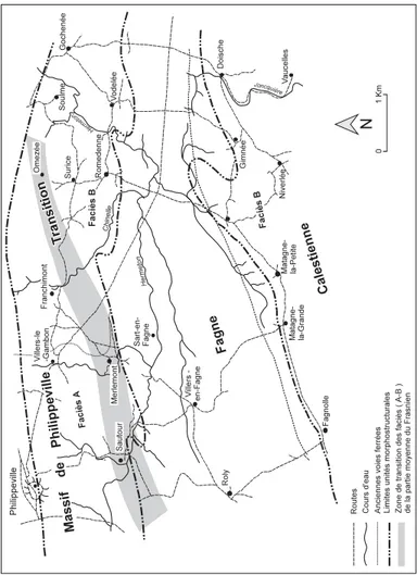 Fig. 2 : Principales  entités morphostructurales de la carte Sautour- Sautour-Surice et répartition schématique des lithofaciès de la partie moyenne du Frasnien (faciès A, faciès B et zone de transition, voir colonne stratigraphique de la carte).