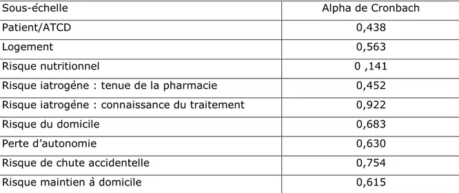 Tableau 12 : alpha de Cronbach pour chaque domaine de risque 