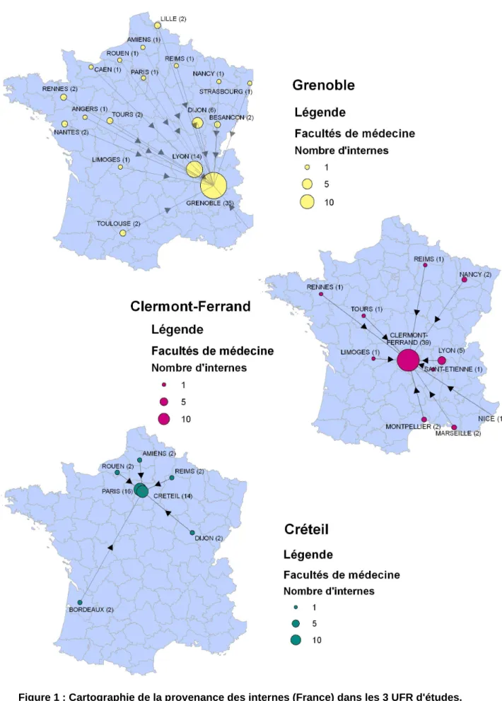 Figure 1 : Cartographie de la provenance des internes (France) dans les 3 UFR d'études