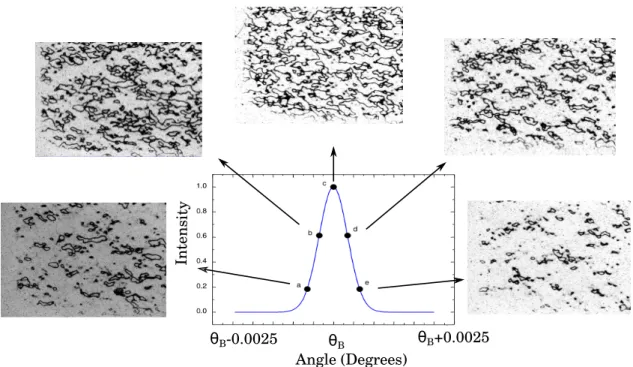 Figure 1.8: Double crystal topographs with the (0, 2, 2) reflection of a Si layer of Si-SiO 2 on a Si substrate recorded at di ff erent positions of the rocking curve