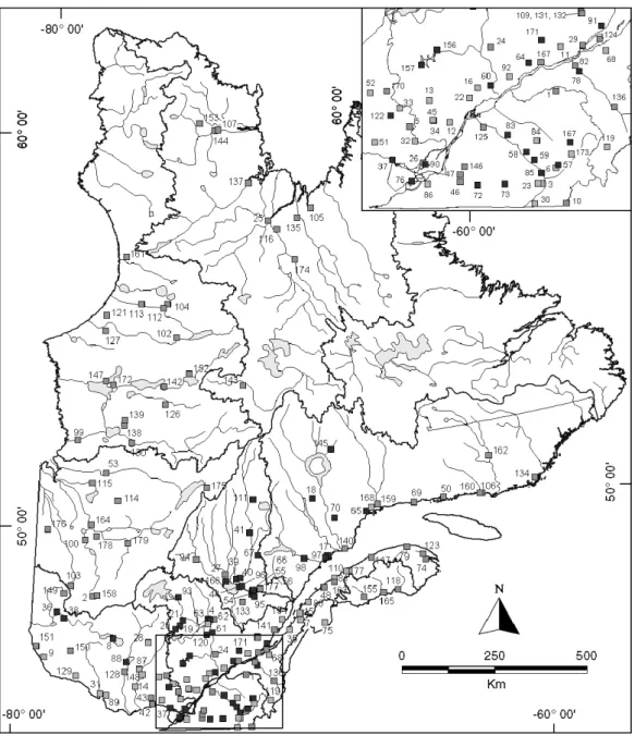 Figure 1. Locations of stations analysed. Black rectangle: regulated rivers; grey rectangle: unregulated rivers