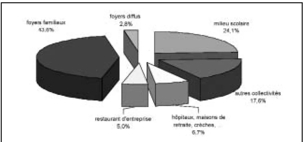 Figure 9 : Répartition des lieux de contamination des cas confirmés et suspectés  (n = 1.836) de salmonelloses en France en 2001 (Haeghebaert et al., 2002b)