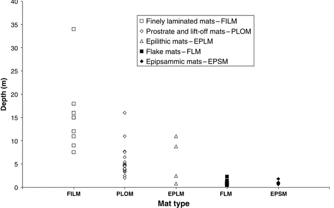 Fig. 3 Depth zonation of microbial mat types in lakes of the Larsemann Hills and Bølingen Islands