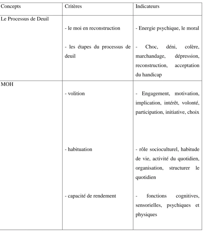 Tableau des critères et des indicateurs : 