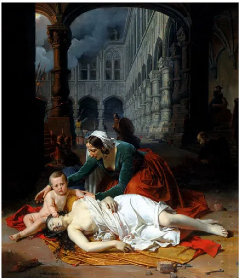 Fig. 95. Un épisode du sac de  Charles le Téméraire en 1468,  Barthélemy Vieillevoye. 1842,  Liège, Musée Curtius, huile sur  panneau.