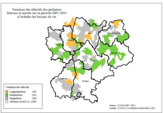 Figure 4 : Variation des effectifs des pédiatres libéraux et mixtes sur la période  2008/2015 à l'échelle de la région Rhône Alpes 