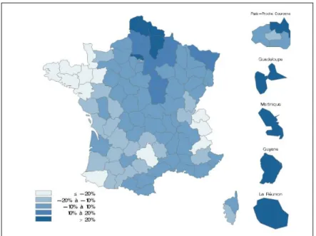 Figure 1: Variations de la prévalence standardisée* du diabète traité pharmacologiquement  par rapport à la prévalence* nationale, par département, France entière en 2016 (3)
