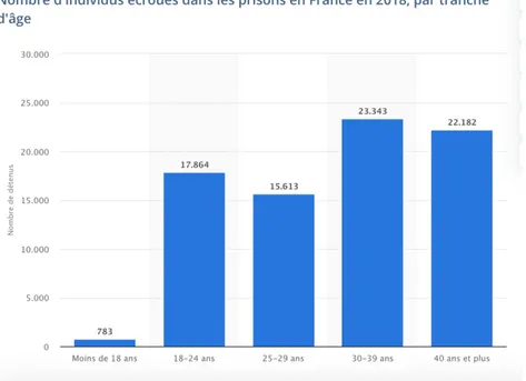 Figure 2 : Répartition par tranche d’âge des individus écroués en France en 2018 