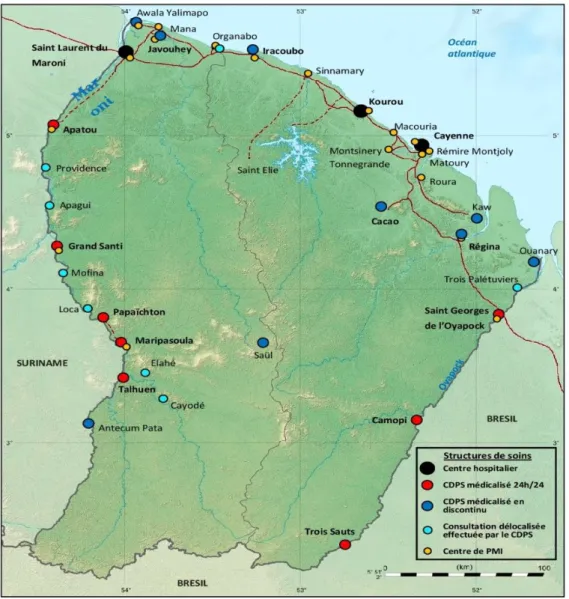 Figure 4 : Carte des centres délocalisés de prévention et de soins en Guyane en 2018 Source (données : Coordination des CDPS, CHAR, 2018) 