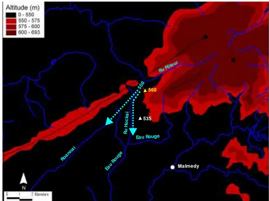 Figure 2. Deux itinéraires possibles pour le Ru de Pôleur (flèches bleu clair) avant la capture  au Pont du Centenaire : vers le Ru de Hockai ou vers le Roannai