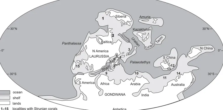Fig. 9. Palaeogeographic occurrences of uppermost Famennian (Strunian) rugose corals (modified after Chwieduk 2005, map after Golonka et al