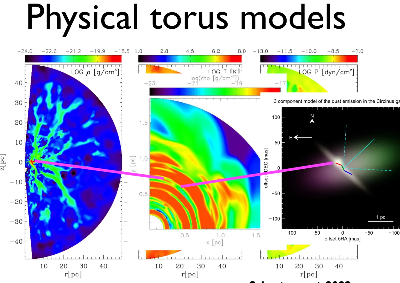 Figure 2: Density distribution of our effort to model the stellar mass loss from the nuclear star cluster in the nearby Seyfert galaxy NGC 1068 after an evolution time of (a) 7 · 10 4 yr and (b) 6 · 10 5 yr