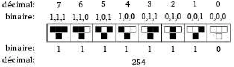 Fig. 4.1 – D´etail de la repr´esentation de Wolfram pour la r`egle 254.