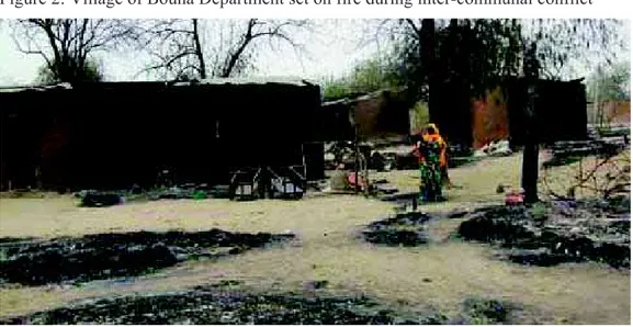 Figure 2 shows the pitiful state of a village burnt down in the conflict. Various sources  reported an estimate on the displaced of at least 2000 up to 3000 people