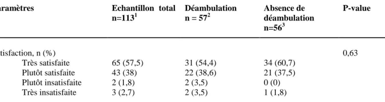 Tableau  IV -  Satisfaction  vis-à-vis  du  déroulement  du  travail  et  résultat  comparatif  entre les groupes « Déambulation » et « Absence de déambulation » 