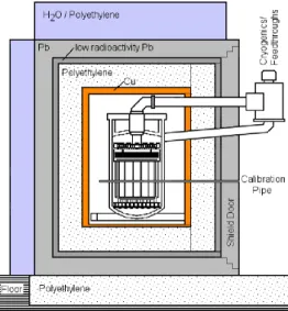 Figure 7: Left: schematic view of the XENON100 apparatus, with the cylindrical two-phase TPC at the center together with the LXe veto, surrounded by a passive shield of 5 cm of copper, 20 cm of polyethylene and 20 cm of lead from inside to outside