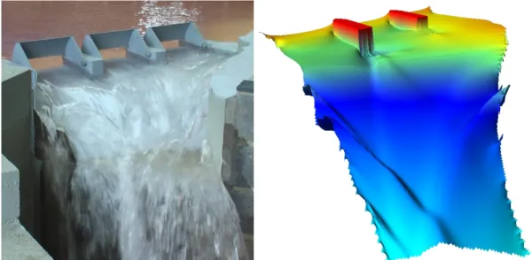 Figure 4. Experimental (left) and numerical (right) modeling of the design discharge (673 m³/s) in the existing configuration
