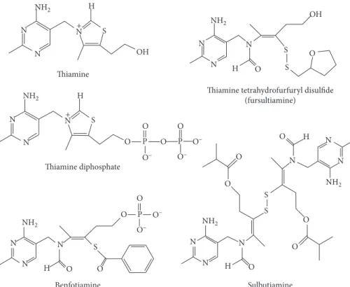 Figure 1: Structural formulas of thiamine, thiamine diphosphate, the thioester benfotiamine, and the disulﬁde compounds fursultiamine and sulbutiamine.
