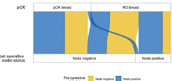 Figure  6 :  Diagramme  de  Sankey  montrant  la  relation  entre  l’envahissement  ganglionnaire  post  opératoire, la pCR et l’envahissement ganglionnaire initial dans le sous type HER2 positif
