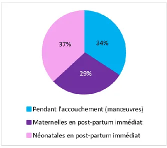 Figure 5 : Types de complications rencontrés par les pompiers lors de la prise en  charge d’un accouchement inopiné extrahospitalier (en %) 