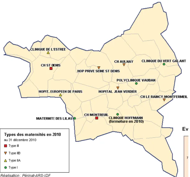 Figure 2:  Carte des maternités et services  de néonatologie de Seine-Saint-Denis en 2010,  ORS (17) 