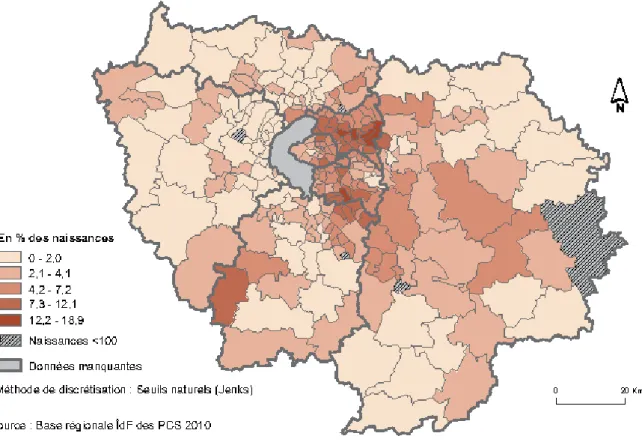 Figure 4: Déclaration de grossesse au delà du premier trimestre par cantons franciliens en  2010, PCS (18)