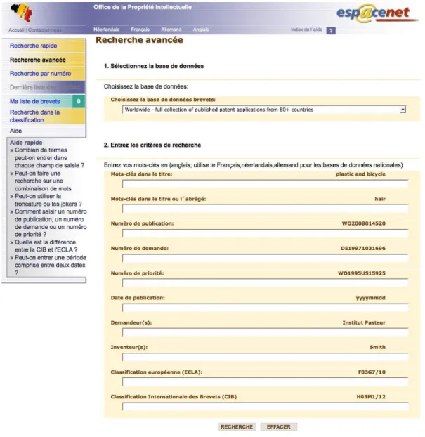 Figure 2.4. L'écran de recherche Esp@cenet.