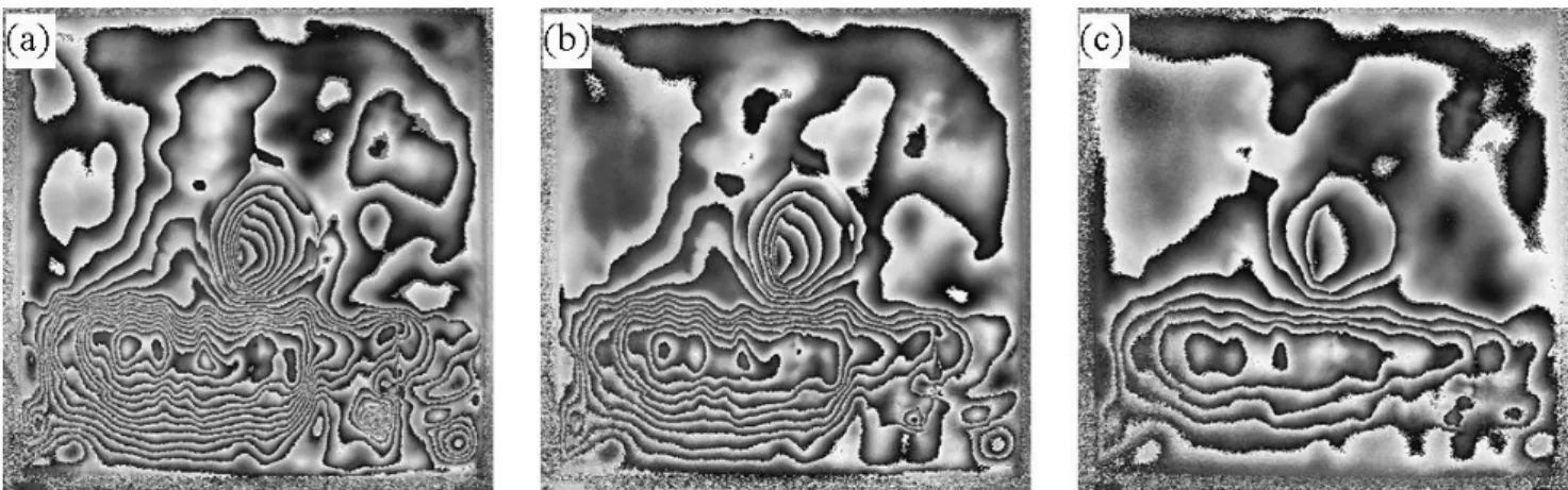 Figure 5. Interferograms obtained by IR heating of the canvas: (a) 1s , (b) 12s and (c) 34s after heating