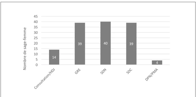 Figure 9 :  Répartition des SF dans les différents services de la maternité. Certaines SF travaillent dans  plusieurs services