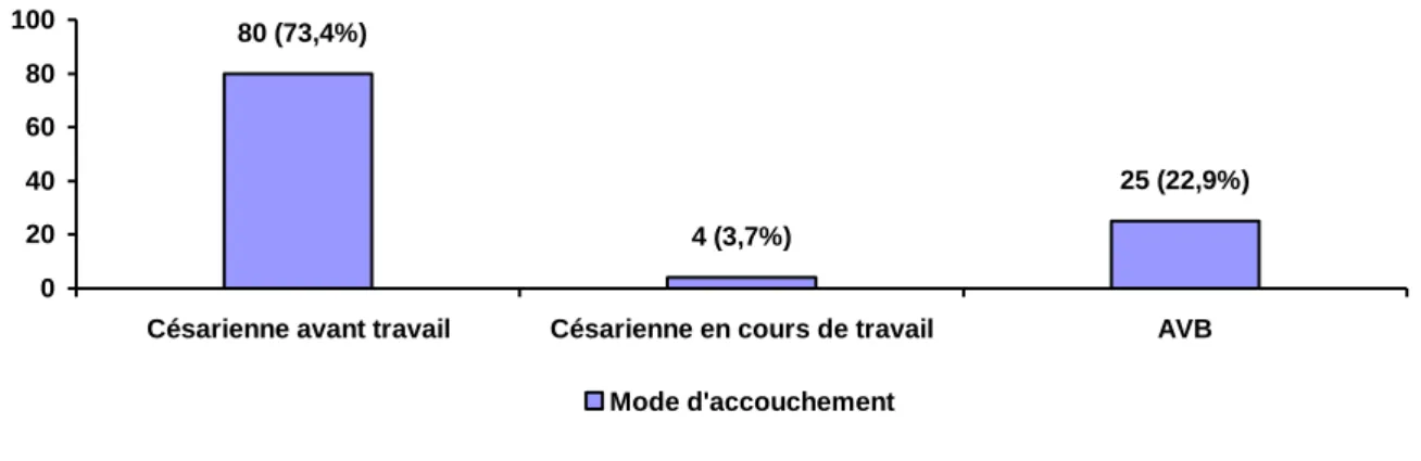 Figure 2 : Répartition des patientes selon le mode d’accouchement (n=109)  AVB : accouchement voie basse 