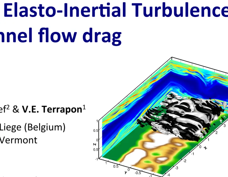 Figure 1 – Visualization of flow structures in three-dimensional flows. Contours of polymer elongation tr (C) /L 2 in vertical planes, contours of streamwise shear fluctuations in a near-wall horizontal plane and turbulent structures identified by large po
