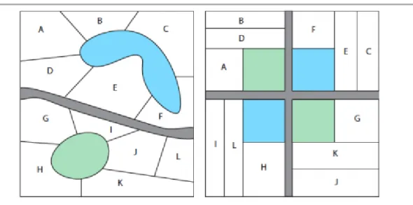 Figure  17 :  Illustration  du  remembrement-relotissement  avec  l’ancien  et  le  nouveau  maillage du périmètre comprenant des parcelles urbanisables, une zone d’espace vert  (vert), de l’eau (bleu) et des infrastructures (gris) 