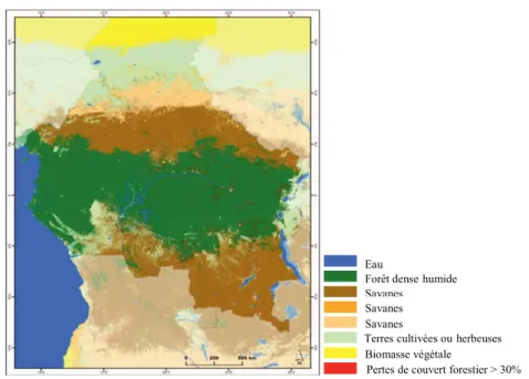 Figure  1.2.  Couverture  forestière  du  Bassin  du  Congo  et  pertes  de  couvert  entre  2000  et  2012 d’après les données de MODIS Land Cover Type product (Hansen et al., 2013)