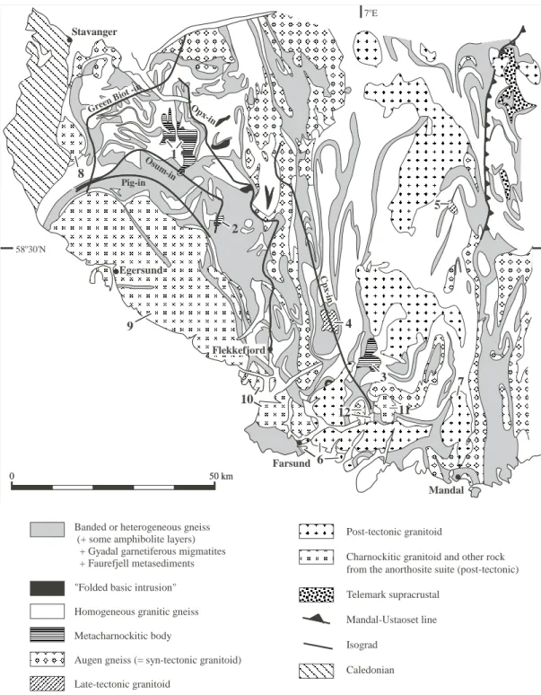 Fig. 1.2. Geological map of the southern part of the Rogaland – Vest Agder segment (Sigmond 1985)