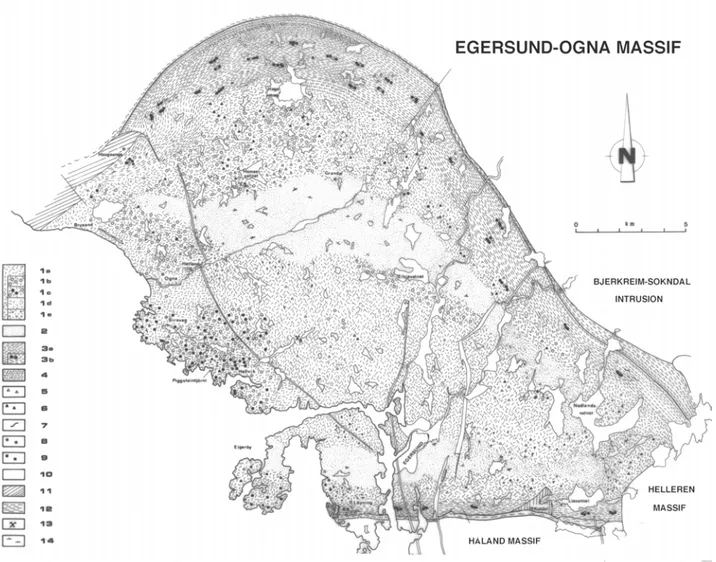 Fig. 2.1. Geological map of the Egersund-Ogna massif-type anorthositic body. 