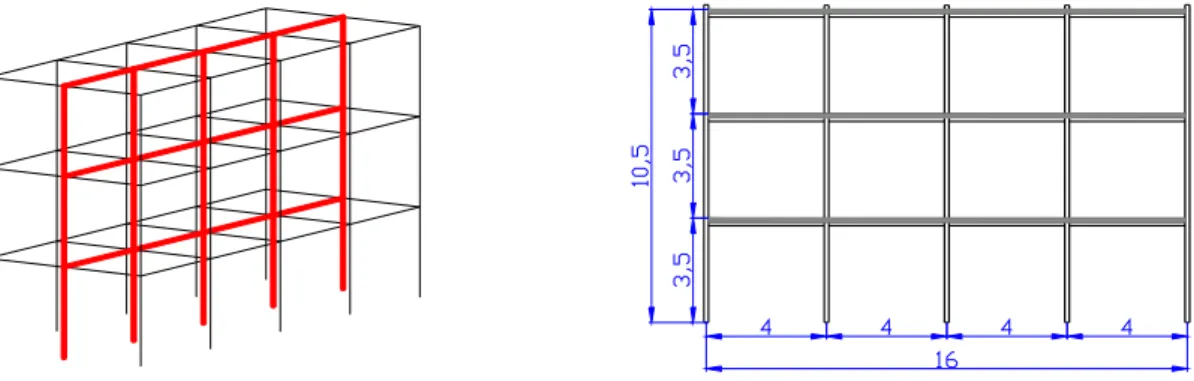 Figure 4-3: 3D view of the designed building and representation of the main frames 