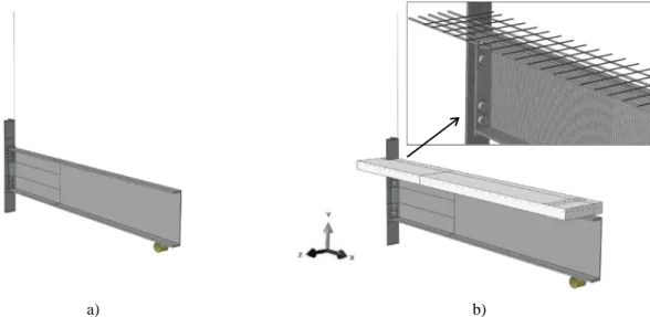 Figure 29. 3D FE model of the steel (a) and composite steel-concrete (b) sub-frame in Abaqus  VII.5.4.3